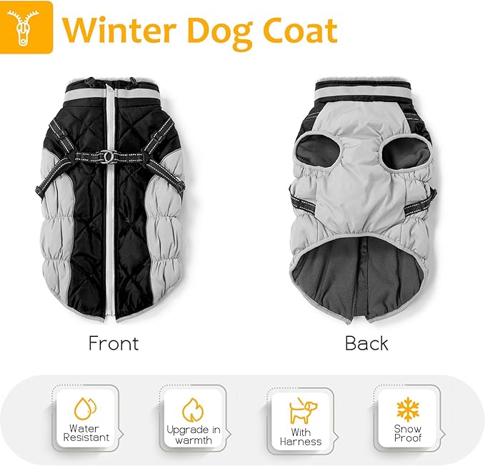 Dog Winter Coat with Harness, Dog Jacket, Pet Clothes with Zipper on Back, Waterproof Windproof Warm Vest, Reflective Cold Weather Coats, for Small Medium Large Dogs, Thick, Black, M