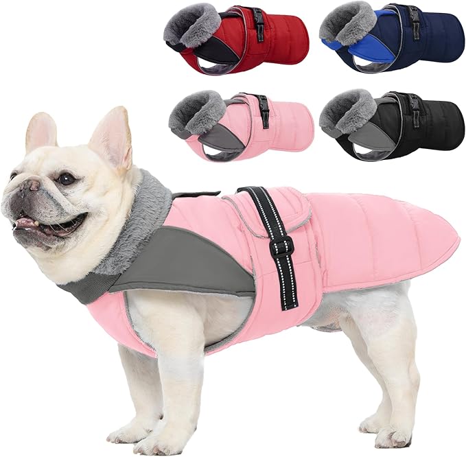 Nanaki Small Dog Coat for Winter Waterproof, Warm Fleece Lining Furry Collar Dog Jacket with Leash Hole, Reflective Adjustable Cold Weather Puppy Pet Snow Jacket Vest Outdoor Walking Hunting, Pink M