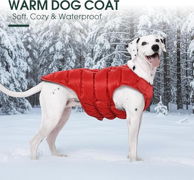 Kuoser Dog Puffer Jacket Warm Dog Coat for Large Dogs, Windproof Reflective Pet Padded Vest Cold Weather Clothes Puppy Snowsuit with Hook & Loop Coats, Easy On/Off, Red XL