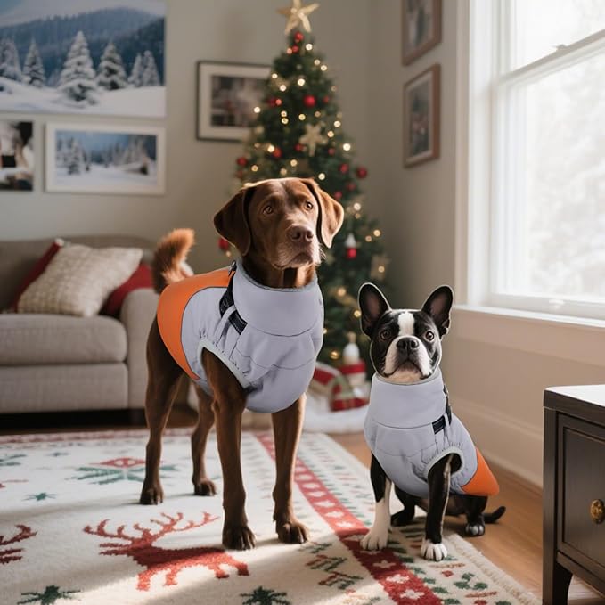 DENTRUN Dog Coat with Harness Built in, Easy On/Off Zipper Closure Winter Dog Vest, Fleece Lined Warm Jacket with Reflective for Labrador, Orange, L