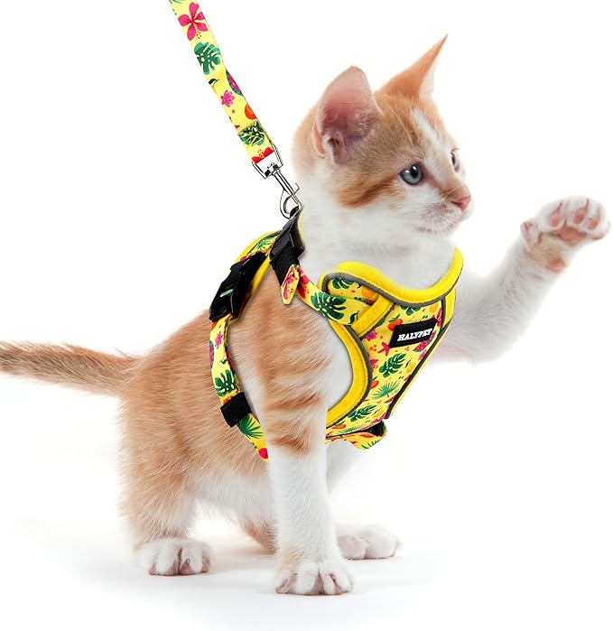 Halypet Cat Harness and Leash Set for Walking, Escape Proof Adjustable Vest Harness with 3-in-1 Integrated Buckles, Easy Control Soft Breathable Mesh with Reflective Strips for Cats, XS, Bright Yellow