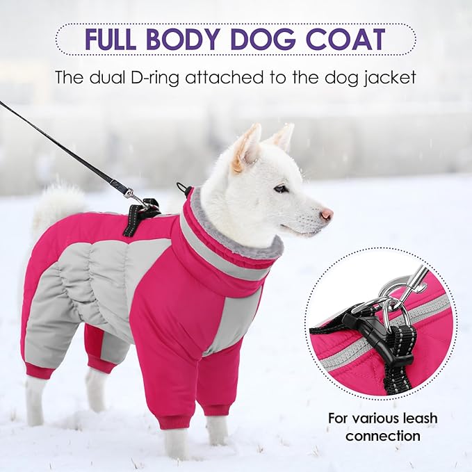 SUNFURA Full Body Dog Coat - Warm Fleece Jacket for Large Dogs, Turtleneck Winter Coats with Harness, Reflective Dog Snowsuit Windproof Puffer Jackets with Legs for French Bulldog, Hot Pink L