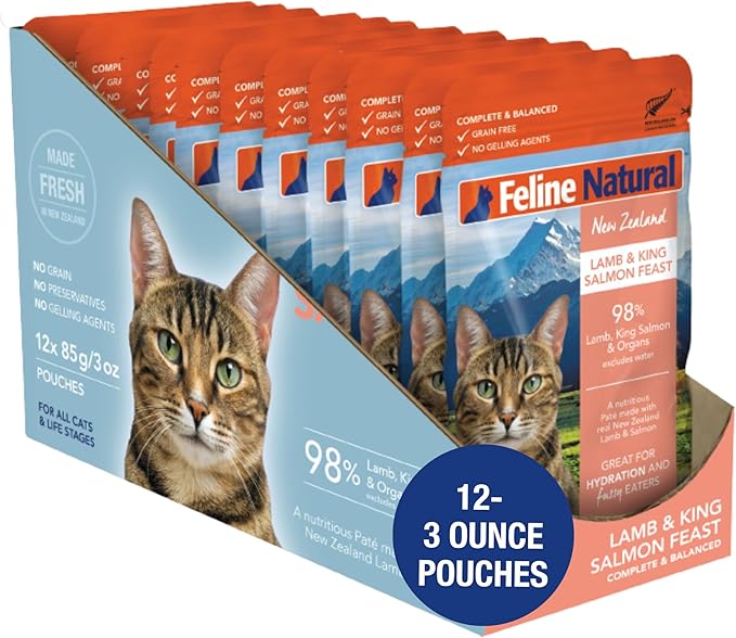 Feline Natural Wet Cat Food Pouch - Lamb & Salmon Feast, Grass-Fed & Wild-Caught, Grain-Free New Zealand Pate, 3oz Single Serve, Pack of 12