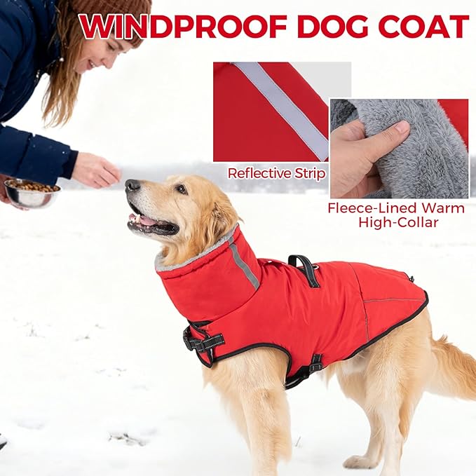 Mihachi Dog Coat for Large Dogs, Warm Dog Winter Coat Waterproof Dogs Jacket with Harness Built in Reflective Pet Fleece Vest, Puppy Cold Weather Coats Turtleneck & Windproof Pet Snowsuit, Red XXL