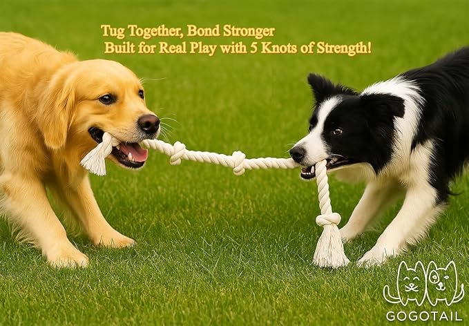 35" Dog Tug Toy – Strong 5-Knot White Cotton Rope for Active Chewers, Washable & Safe, Great for Indoor & Outdoor Play, Dental Cleaning, Medium & Large Dogs (22–88 lbs)