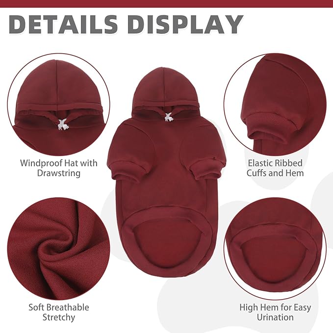 KOOLTAIL Basic Dog Hoodie - Soft and Warm Dog Hoodie Sweater with Leash Hole and Pocket, Dog Winter Coat, Cold Weather Clothes Sweatshirt for Small Medium Large Dogs Puppy Cat Boys Girls Deep Red L