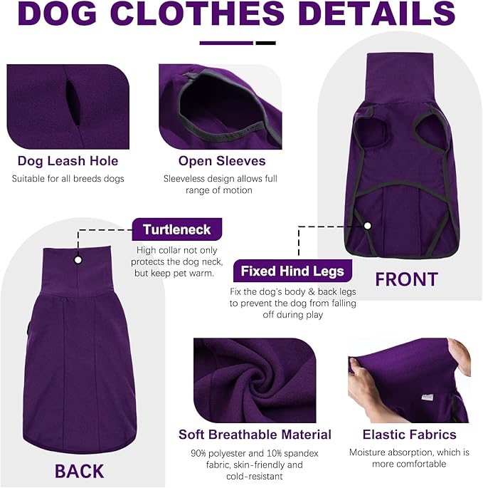 ROZKITCH Dog Sweaters for Small Dogs Male, Pet Windproof Warm Cold Weather Jacket Vest Cozy Jumpsuit Apparel Outfit Clothes for Walking Hiking Travel Sleep Purple S