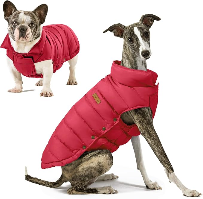 SPACE LION Dog Puffer Jacket, Down Winter Coat, Durable Outdoor Coat for Cold and Windy Conditions, Waterproof, Lightweight Jacket, Adjustable Fit for Small, Medium, Large Dogs(Red,12/M)