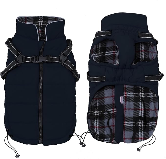 Geyecete Winter Warm Coat Waterproof Dog Jacket with Harness Traction Belt, Pet Outdoor Jacket - Navy - XL