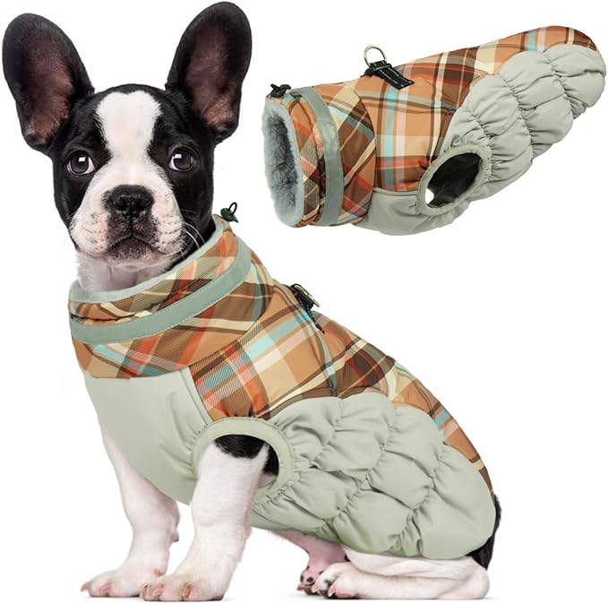 Lelepet Warm Dog Winter Coat Dog Coats for Medium Dogs Waterproof Dogs Jacket with Harness Built in Reflective Cold Weather Coats Windproof Zip-Up Winter Fleece Vest Snowsuit Dachshund Brown Plaid