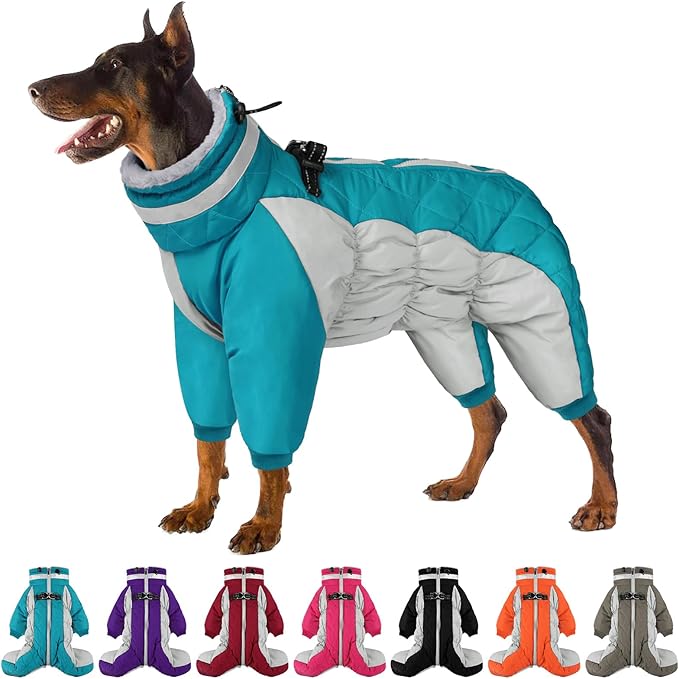 SUNFURA Full Body Dog Coat - Warm Fleece Jacket for Small Dogs, Turtleneck Winter Coats with Harness, Reflective Dog Snowsuit Windproof Puffer Jackets with Legs for Pug, Jack Russel, Turquoise S