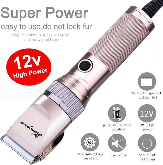 Dog Clippers for Grooming, 12V Pet Hair Clipper, Professional Heavy Duty Pet Grooming Clipper Corded Dog Trimmer for Thick Coats with Guard Combs Brush for Dogs Cats