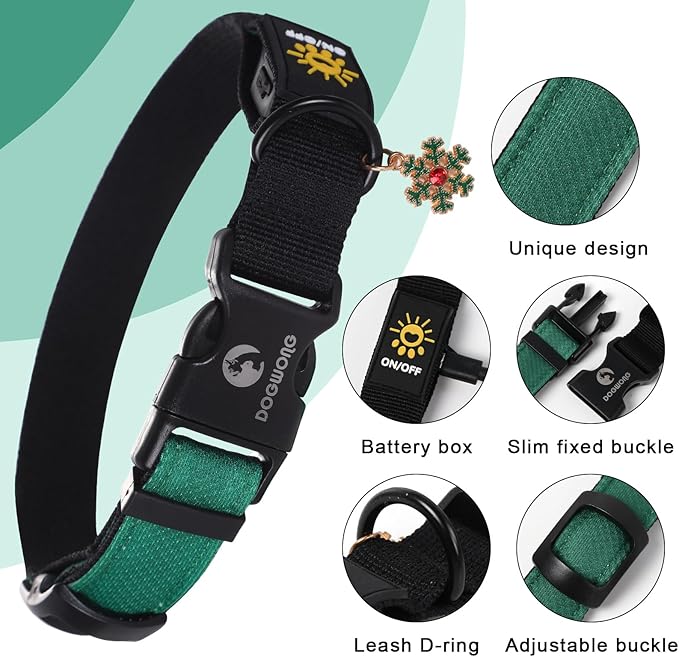 DOGWONG LED Dog Collar - Heavy Duty Light up Collars - Rechargeable Waterproof - Lighted Dog Collar for Night Walking, Hiking, Camping(Green,M)