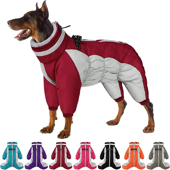 SUNFURA Full Body Dog Coat - Warm Fleece Jacket for Small Dogs, Turtleneck Winter Coats with Harness, Reflective Dog Snowsuit Windproof Puffer Jackets with Legs for Pug, Jack Russel, Burgundy S