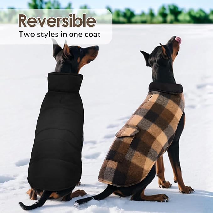 ASENKU Dog Winter Jacket Plaid Reversible Vest, Waterproof Dog Coat for Cold Weather, Perfect for Small to Large Dogs (Coffee, 3XL)