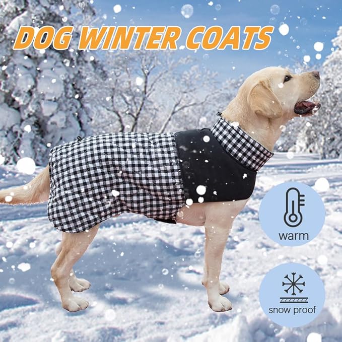 Dog Jackets for Winter, Reversible Dog Coat Windproof Waterproof Jackets for Cold Weather, British Style Plaid Coats Warm Vest for Small Medium Large Dogs (Black, 5XL)