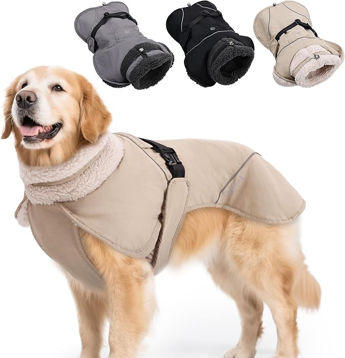 Adjustable Dog Coat with Harness Slot, Waterproof Fleece Lined Winter Jacket, Windproof Reflective Pet Vest for Cold Weather for Small Medium Large Dogs (Beige, Medium)