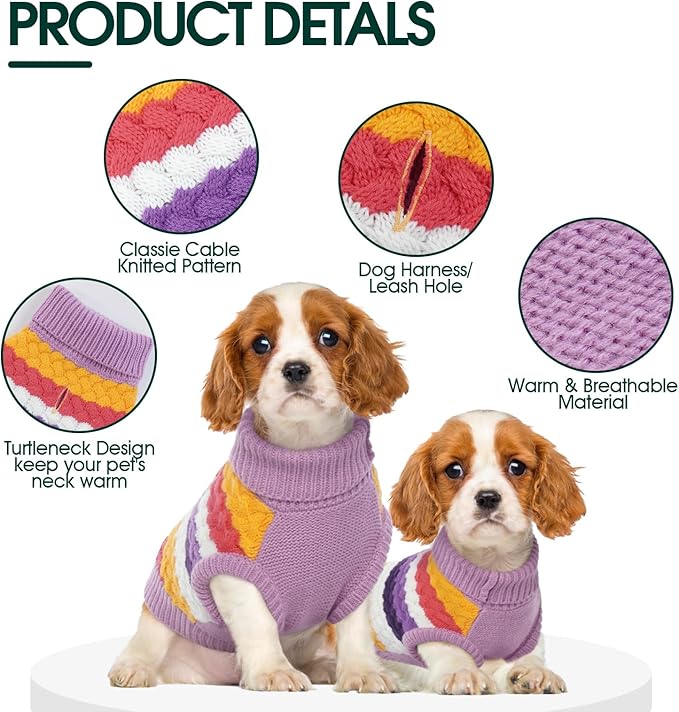 Kuoser Dog Sweater, Warm Dog Sweaters for Small Dogs Pet Christmas Clothing, Classic Cable Knitwear Cold Weather Thermal Pullover for Pug Dachshund Yorkie, Soft Puppy Turtleneck Sweatshirt, Purple S