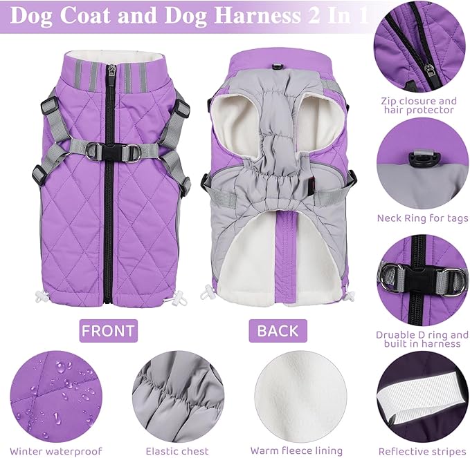 Gyuzh Dog Coat with Harness Dog Jacket Winter Waterproof Dog Coats Dog Harness Coat Cold Weather Winter Dog Coat with Harness Built in for Small Medium Large Dogs