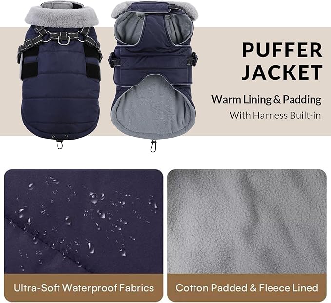 Queenmore Winter Dog Jackets for Large Dogs XXL, Waterproof Winter Coat for Extra Large Pitbull/Great Danes, Warm Puffer Snow Jacket for Cold Weather - Fleece Lining Velcro Closure Reflective, Navy