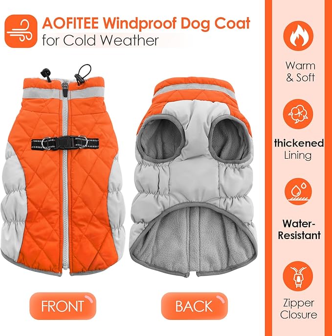 AOFITEE Dog Coat, Warm Dog Jackets for Large Dogs, Reflective Turtleneck Dogs Winter Coat with Harness Built in, Waterproof Windproof Pet Snow Jacket Fleece Vest for Cold Weather, Orange XXL