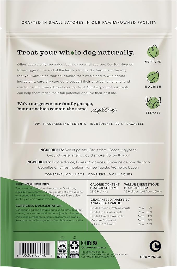 Crumps' Naturals Pbb- Bacon Dental Dog Treats (36 Pack), 4.5"