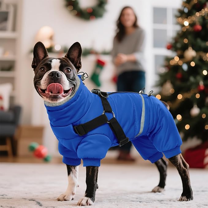 BRKURLEG Blue Dog Winter Coat, Cozy Winter Dog Jackets, Small Dogs Coat with Harness, Onesie Body Warm Puppy Christmas Jacket, Pet Reflective Cold Weather Jackets, Puppy Four-Legged Puffer Coats, S