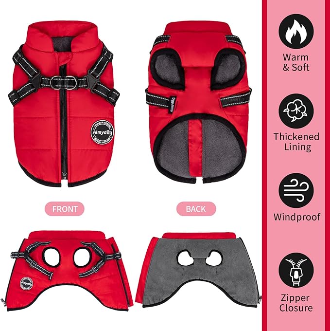 Dog Winter Coat, Warm Dog Jacket Reflective Adjustable Dog Fleece Vest with Harness Built in, Waterproof Windproof Dog Snow Jacket Snowsuit with Zipper for Small Medium Dogs, Red XS