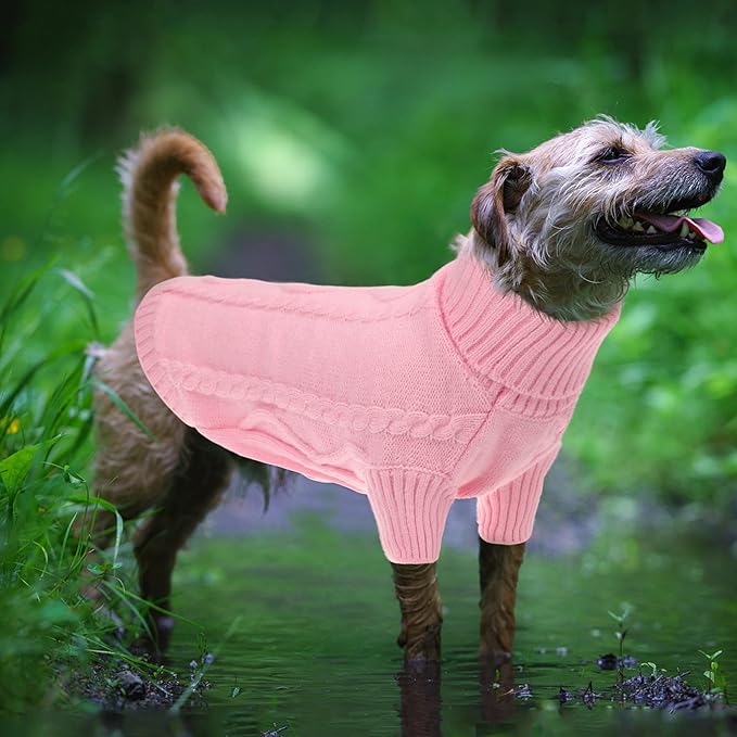 Queenmore Small Dog Pullover Sweater, Cold Weather Cable Knitwear, Classic Turtleneck Thick Warm Clothes for Chihuahua, Bulldog, Dachshund, Pug, Yorkie (Pink, Small)