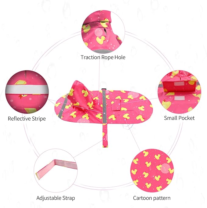 NACOCO Large Dog Raincoat Adjustable - Pet Rubber Ducks Yellow Water Proof Clothes Lightweight Rain Jacket Poncho Hoodies with Strip Reflective Pink (Pink M, Yellow Duck)