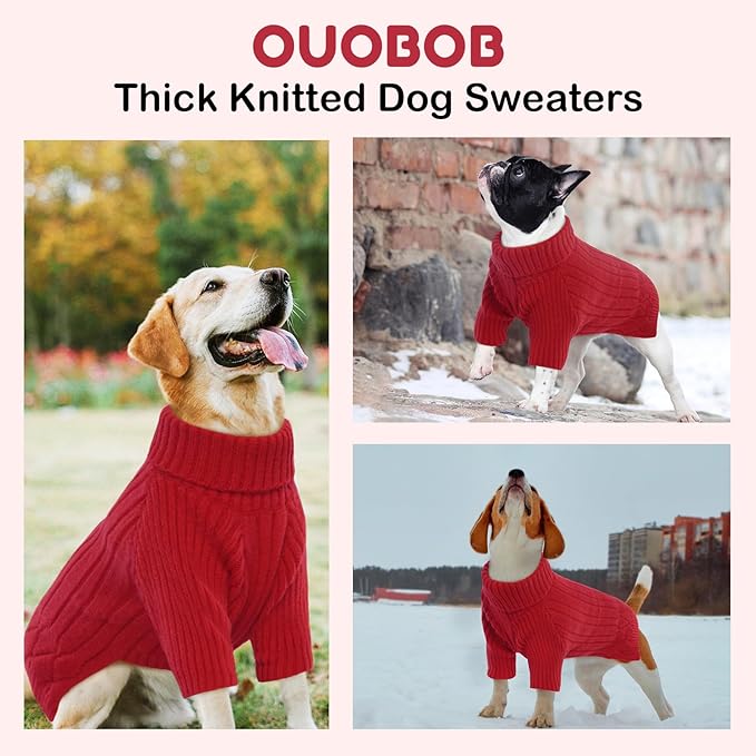 Large Dog Sweater - Turtleneck Thick Warm Doggie Christmas Sweater for Girl Boy Dogs (Red L)