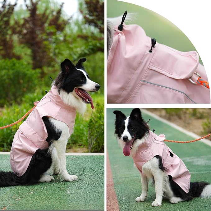 Waterproof Dog Raincoat with Reflective Strip, Adjustable Breathable Rain Coat Jacket with Leash Hole for Dogs (Pink, XXX-Large)