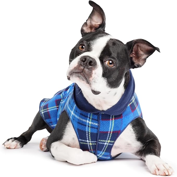 Goldpaw Duluth Double Fleece Dog Sweater Vest for Large Dogs - Soft, Stretchy Dog Fleece - Warm Pet Jacket for Fall and Winter - Premium Pet Outerwear - Machine Washable - Blue Plaid/Navy - Size 26