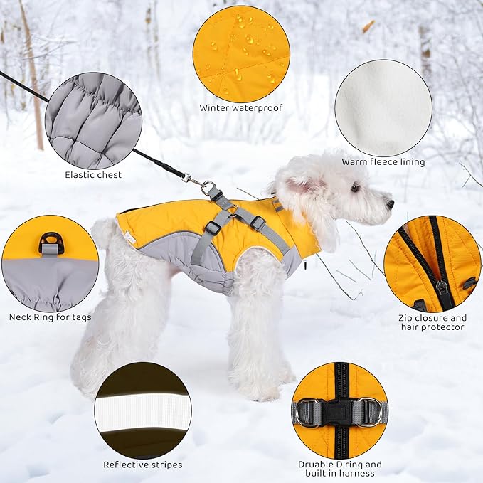 Gyuzh Dog Coat with Harness Dog Jacket Winter Waterproof Dog Coats Dog Harness Coat Cold Weather Winter Dog Coat with Harness Built in for Small Medium Large Dogs