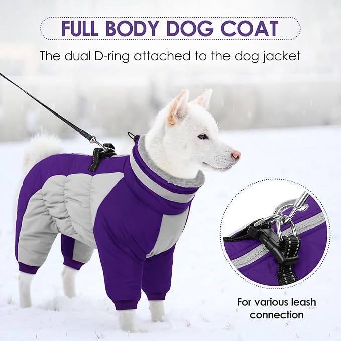 SUNFURA Purple Large Dog Coat, Water-Resistant Fleece, Turtle Neck, Windproof, Reflective, Full Body Warm Winter Dog Jacket with Harness