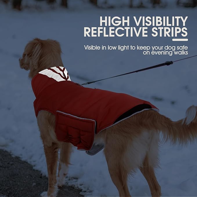 Kuoser Dog Coat Small, Cold Weather Reflective Waterproof Dogs Jacket with Warm Fleece Lining, Turtleneck Dog Winter Coat with Zipper, Doggy Snow Jacket Pet Coats for Small Medium Large Dogs, Red S