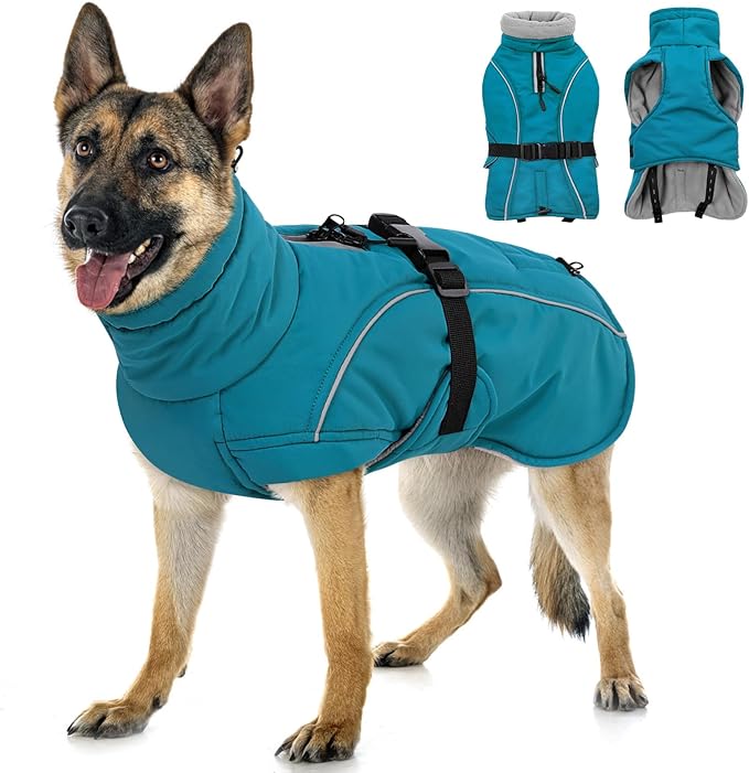 Queenmore XXL Dog Coat, Winter Jacket for Large Dogs, Waterproof Puffy Snowsuit, Adjustable Reflective Fleece Lining Warm Padding Parka for Cold Weather, Blue 2XL