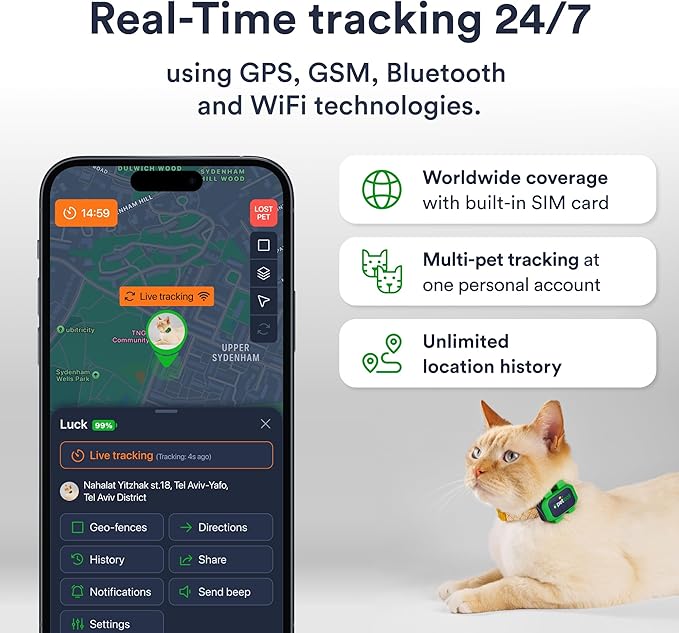 Cat GPS Tracker – Smallest Waterproof Pet Tracking Device with App, Real-Time Location, Smart Alerts & Geo-Fence, Long-Life Battery, Collar-Compatible – iOS & Android (Subscription Required)
