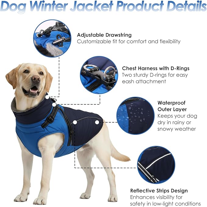 ASENKU Reflective Dog Coat with Built-in Harness, Windproof Fleece-Lined Dog Jacket for Small, Medium, Large Dogs, Warm Winter Vest with Turtleneck & Zipper (Navyblue M)