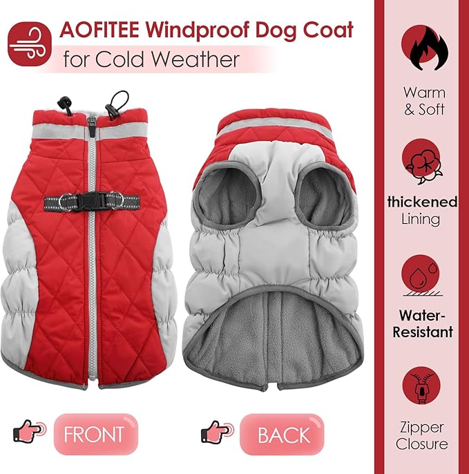AOFITEE Dog Coat, Warm Dog Jacket, Reflective Winter Coats for Medium Dogs, Turtleneck Dogs Winter Jacket with Harness Built in, Waterproof Windproof Pet Fleece Vest Puffer Jacket, Christmas Red M