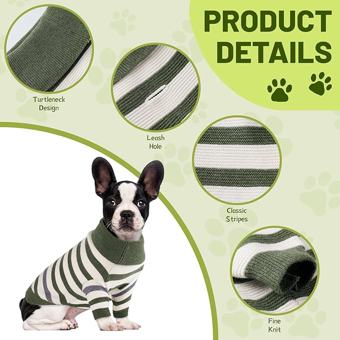 Small Dog Sweater, Knitted Striped Pullover Dog Clothes for Cold Weather, Thick Warm Cozy Stretchy Sweater for Chihuahua, Bulldog, Dachshund, Pug(Green & White Strip, XXL)