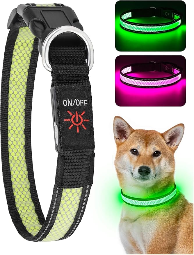 Weesiber Light Up Dog Collar - Reflective LED Dog Collar Rechargeable Glow in The Dark Pet Collar, Safety Doggie Lights for Night Walking(Green, S)