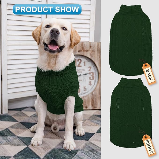 Mihachi Turtleneck Dog Sweater - Winter Coat Apparel Classic Cable Knit Clothes with Leash Hole for Cold Weather, Ideal Gift for Pet in New Year Army Green 2XL