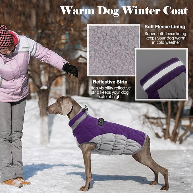 LeLePet Warm Dog Winter Coat, Waterproof Fleece, Windproof, Reflective, Turtleneck, Harness, Purple, XXX-Large