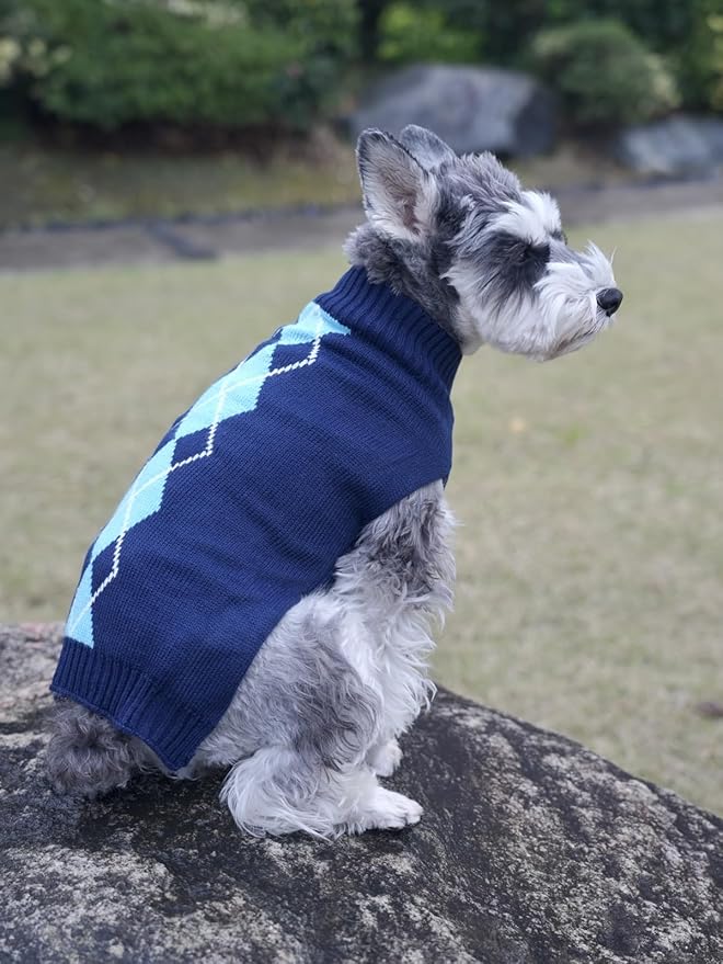 Alemon Blue Argyle Knit Dog Sweater Medium M Size Back Length 13 Inch