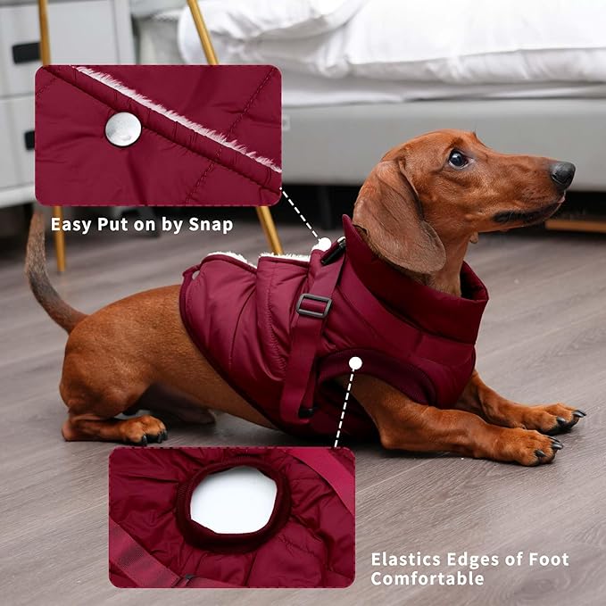Dog Jacket with Harness,Fleece Lined Warm Puppy Coat for Winter,Soft Windproof Large Dog Vest,Red XXXL
