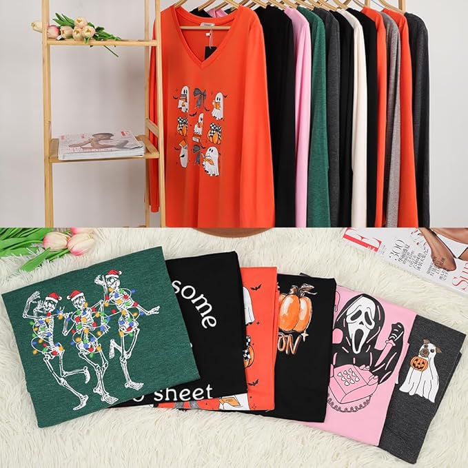 Tobrief Women's Long Sleeve V-Neck Shirts Fall Graphic Tees Loose Casual T-Shirt
