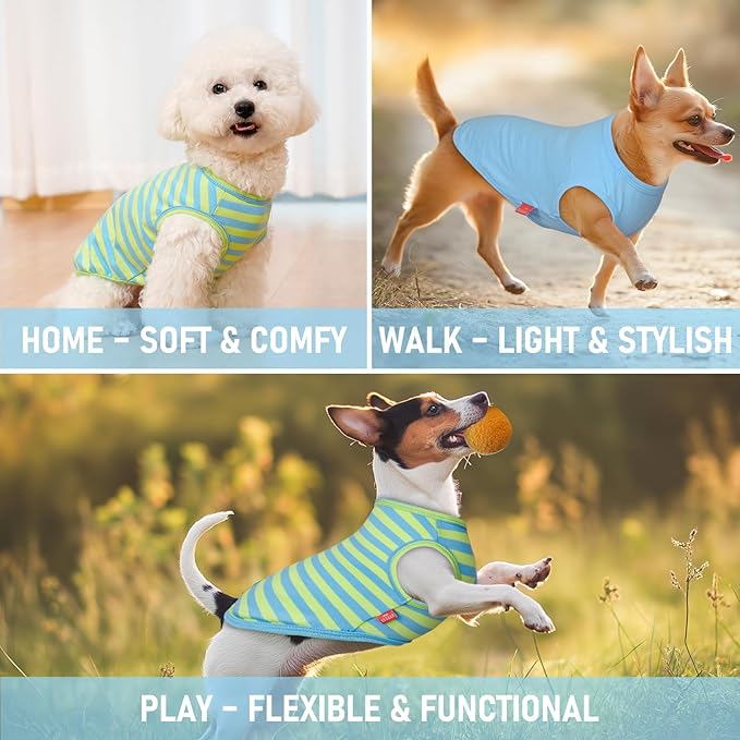 KYEESE 2Pack Dog Shirts Striped T Shirt for Medium Dogs Boy Lightweight Sleeveless Vest Cotton Tank Top Clothes, XX-Large,Blue+Striped