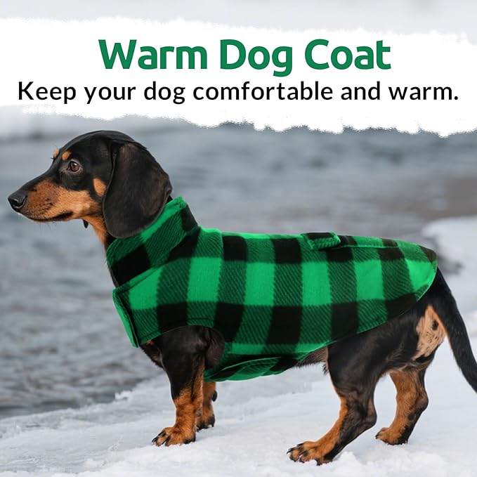ASENKU Dog Winter Coat, Fleece Doggie Jacket Plaid Reversible Vest Waterproof Windproof Cold Weather Clothes for Small Medium Large Dogs (S, Green)
