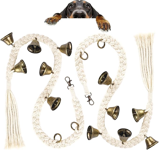2 Pack Dog Bells for Door Potty Training, Handwoven Cotton Rope Dog Doorbell with 6 Extra Loud Bells, Adjustable Dog Door Bells for Small Medium Large Dogs to Ring to Go Outside, Beige